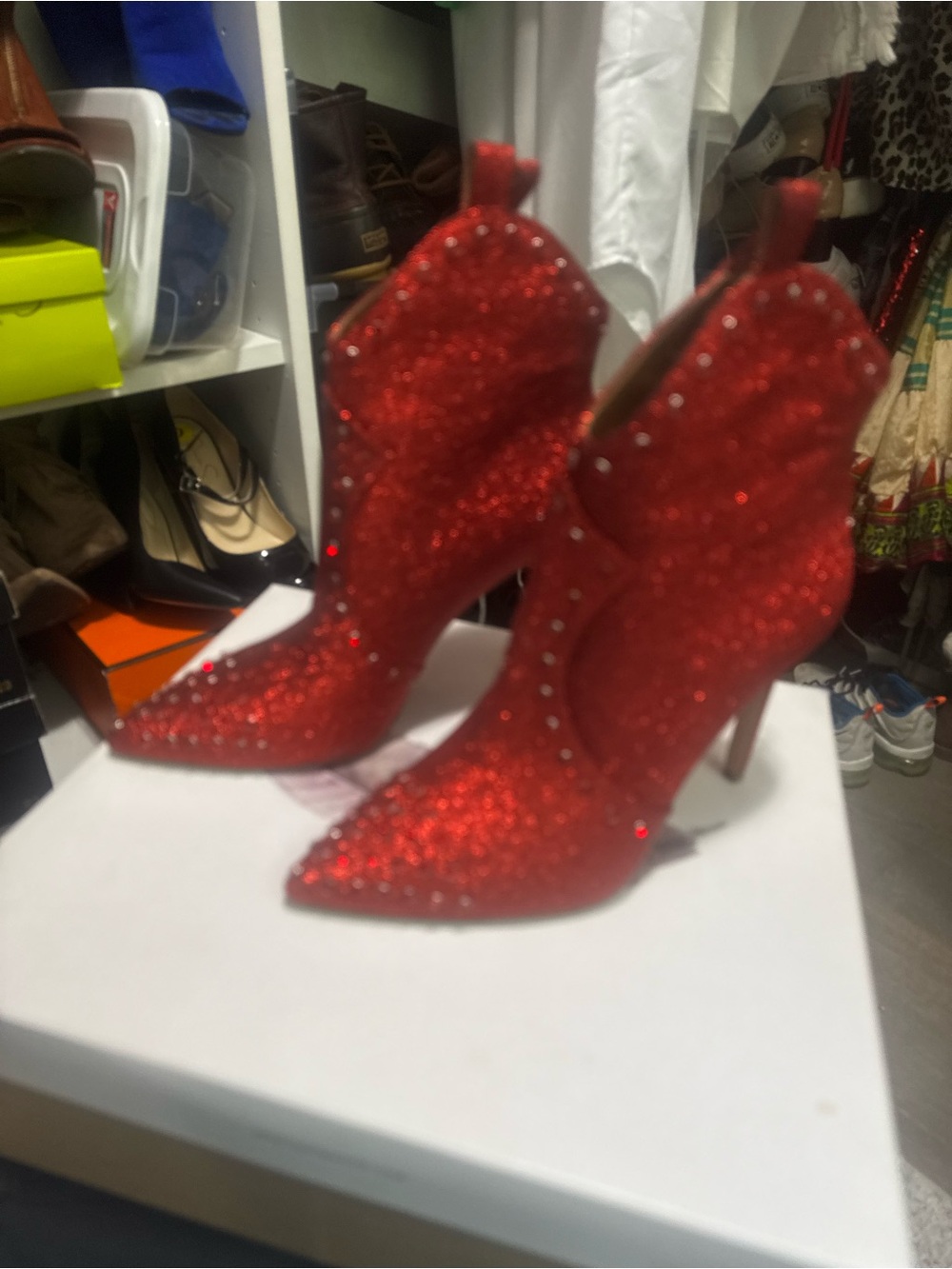 Jessica Simpson Red Glitter Studded Pointed-Toe Heeled Boots - Picture 2 of 6